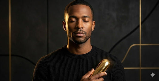 Man in black sweater holding gold object, representing TestoRise men's vitality and natural hormone optimization