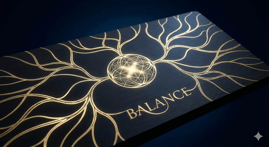 Elegant black card with gold neural design and 'BALANCE'; symbolizes TestoRise men's vitality and natural hormone optimization.