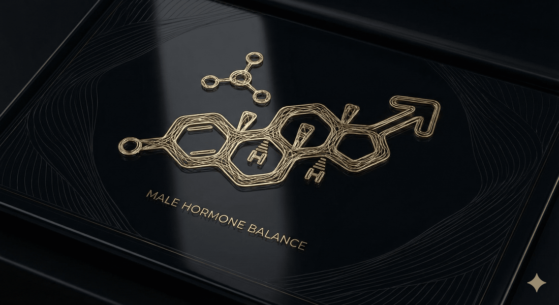 TestoRise branding with gold molecular structure symbolizing men's vitality and natural hormone balance.