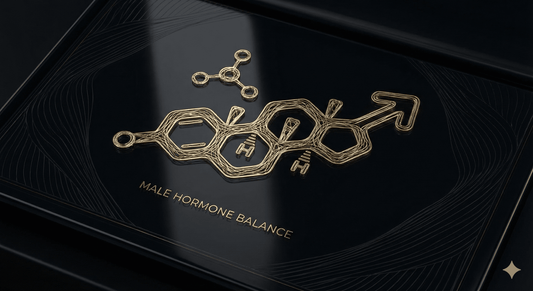TestoRise branding with gold molecular structure symbolizing men's vitality and natural hormone balance.