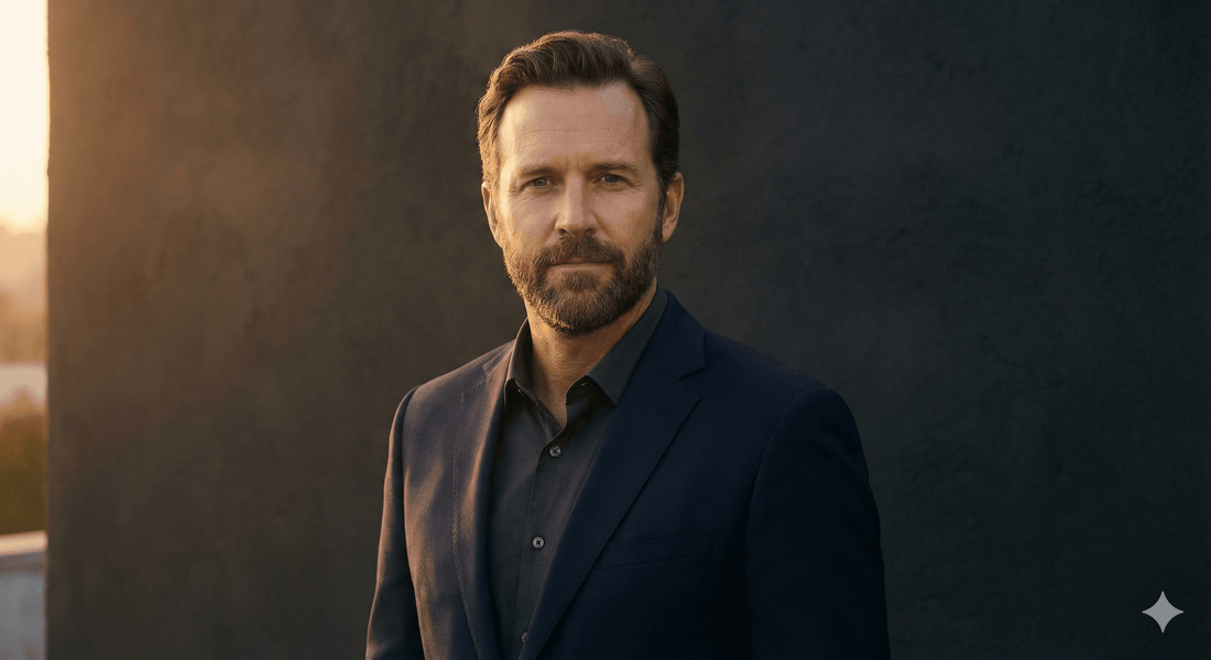 Confident middle-aged man in navy suit symbolizing men's vitality and natural hormone optimization with TestoRise.