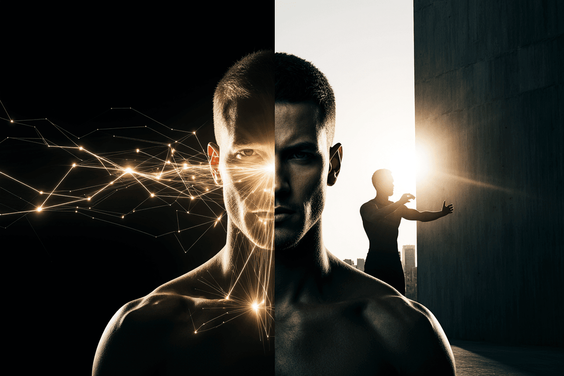 Split image of fit man symbolizing energy, vitality, and natural hormone reset by TestoRise