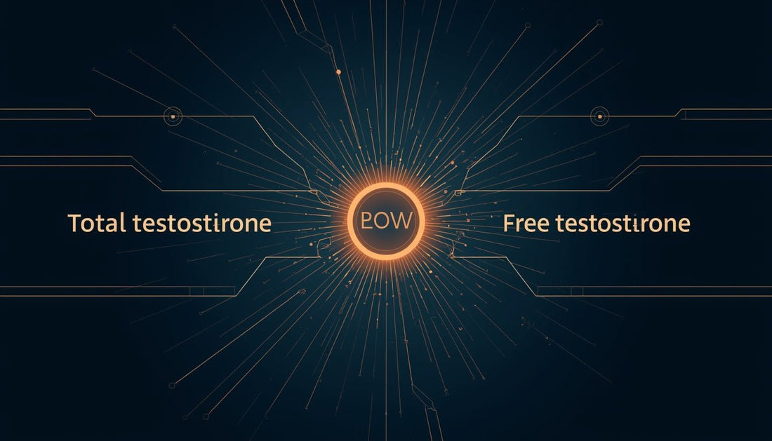 TestoRise graphic showing radiating energy with 'Total testosterone' and 'Free testosterone', highlighting men's vitality and natural hormone optimization.