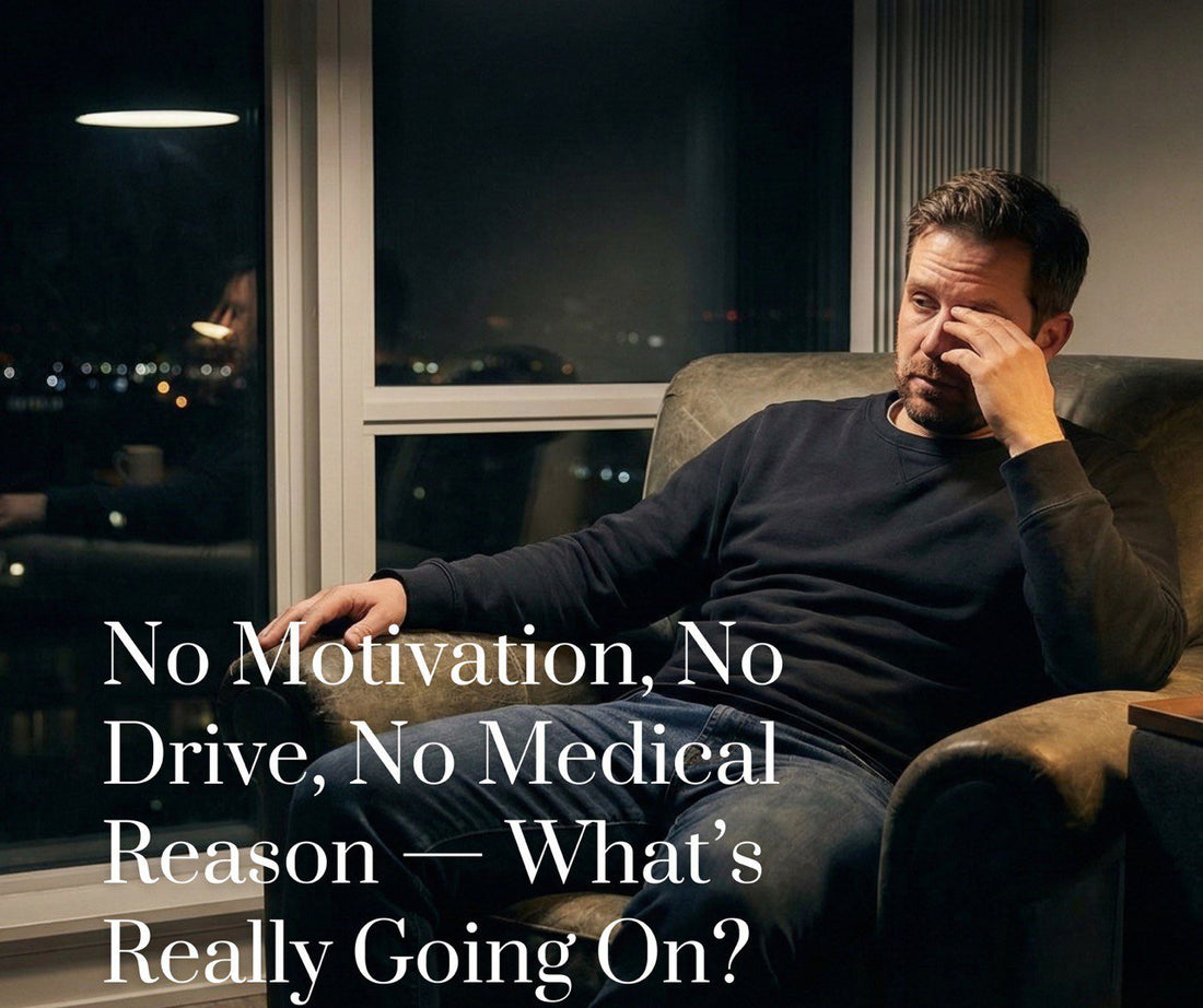 Tired man sitting alone at night, reflecting men's vitality and natural hormone optimization with TestoRise.