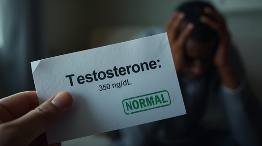 Man stressed with normal testosterone test result, highlighting men's vitality concerns, TestoRise