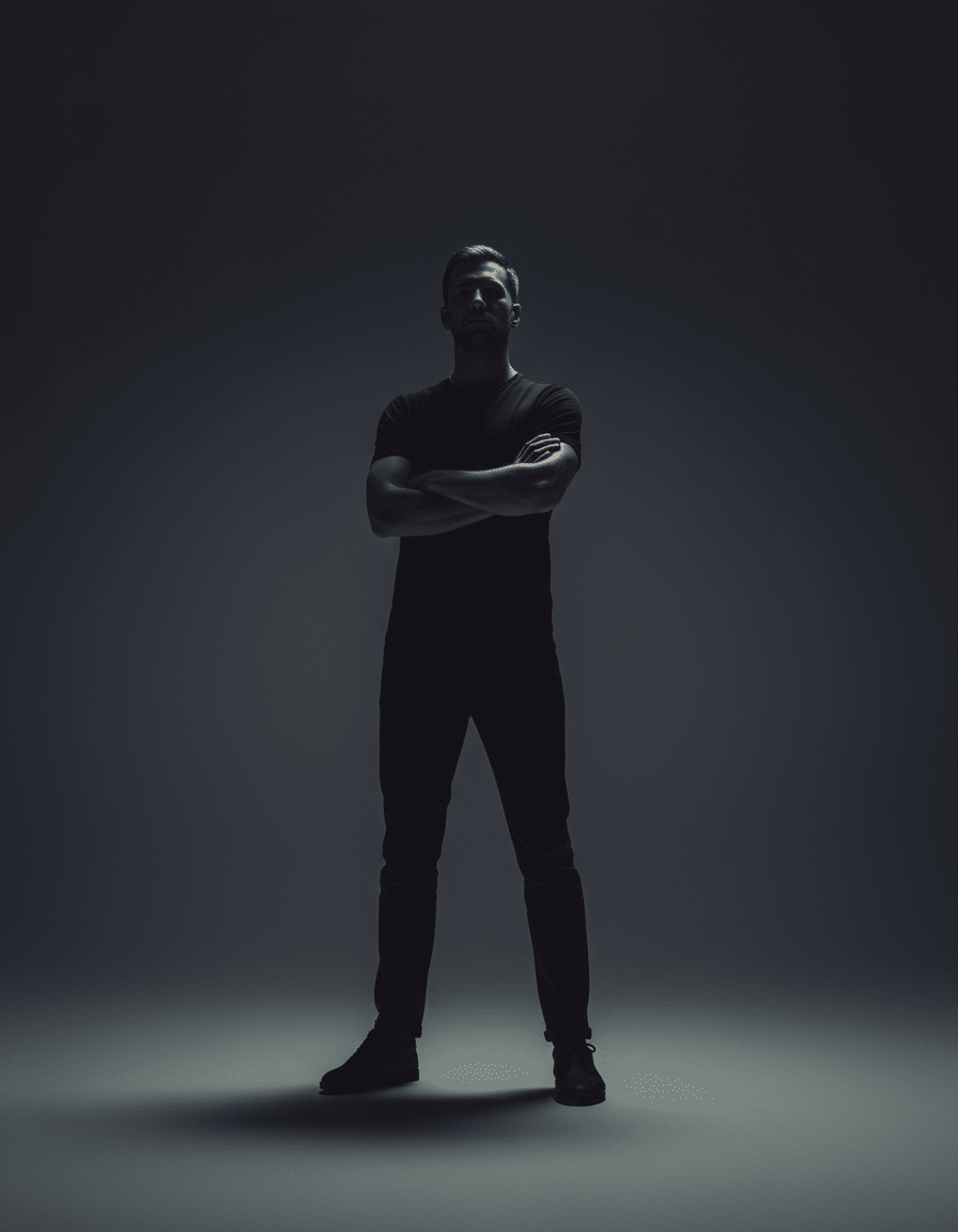 Confident man standing in shadowy light, symbolizing TestoRise men's natural vitality reset