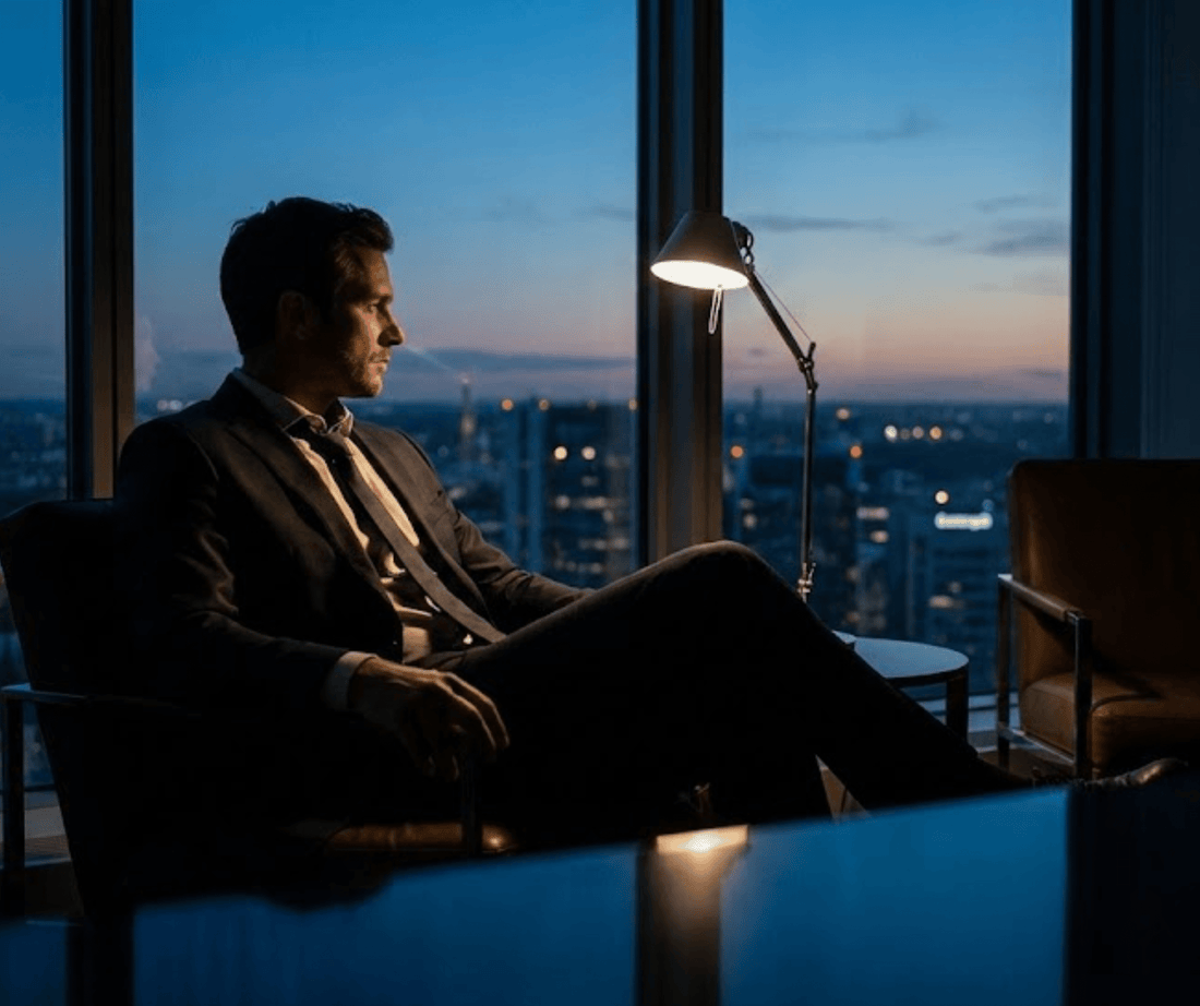 Confident man in suit sitting by window at dusk, symbolizing men's vitality and natural hormone optimization with TestoRise.