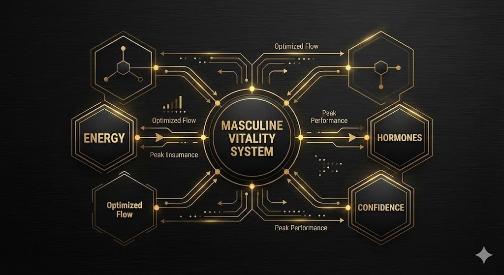 TestoRise graphic showing men's vitality system for natural hormone optimization, energy, and confidence